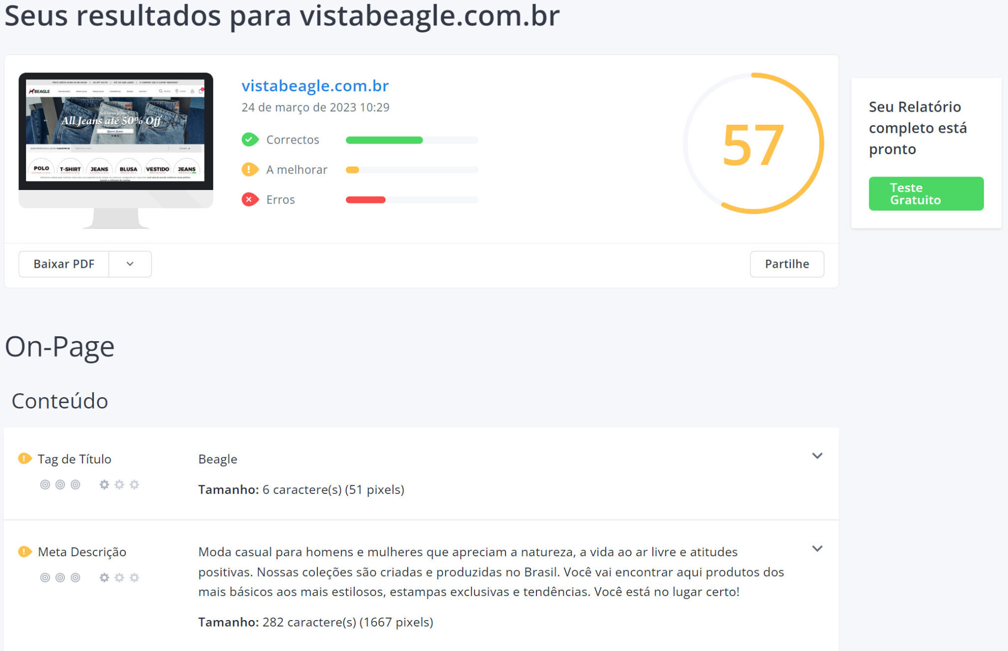 Análise SEO e a Análise de Websites da WooRank em uma página