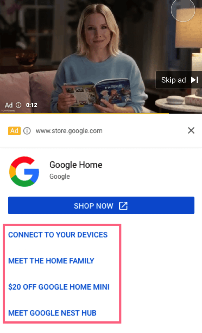 sitelinks em campanhas de vídeo