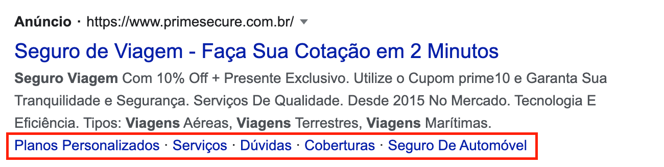 sitelinks para campanhas de pesquisa em uma linha