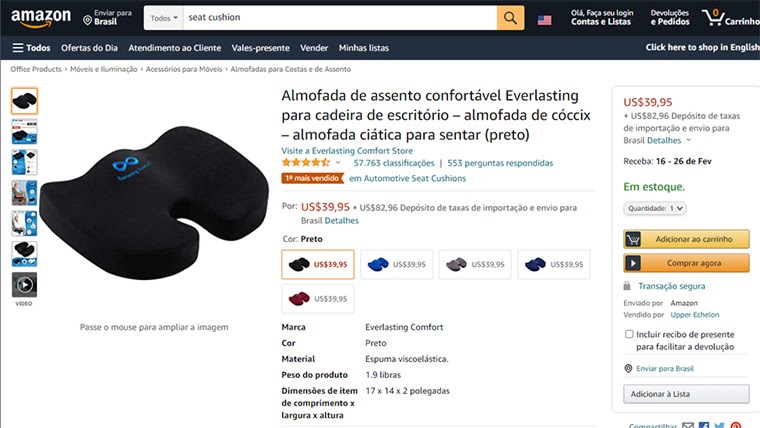 almofada para cadeira de escritório na amazon