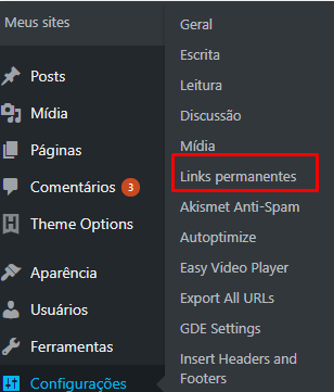menu do painel de controle do WordPRess