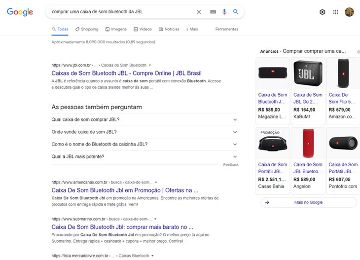 pesquisa no google sobre comprar uma caixa de som bluetooth da jbl