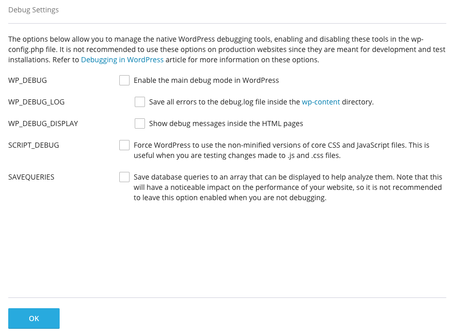 Opções de depuração do WP Toolkit