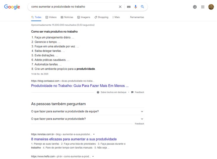 pesquisa no google sobre como aumentar a produtividade no trabalho