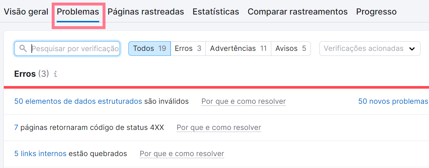 aba problemas na ferramenta auditoria do site