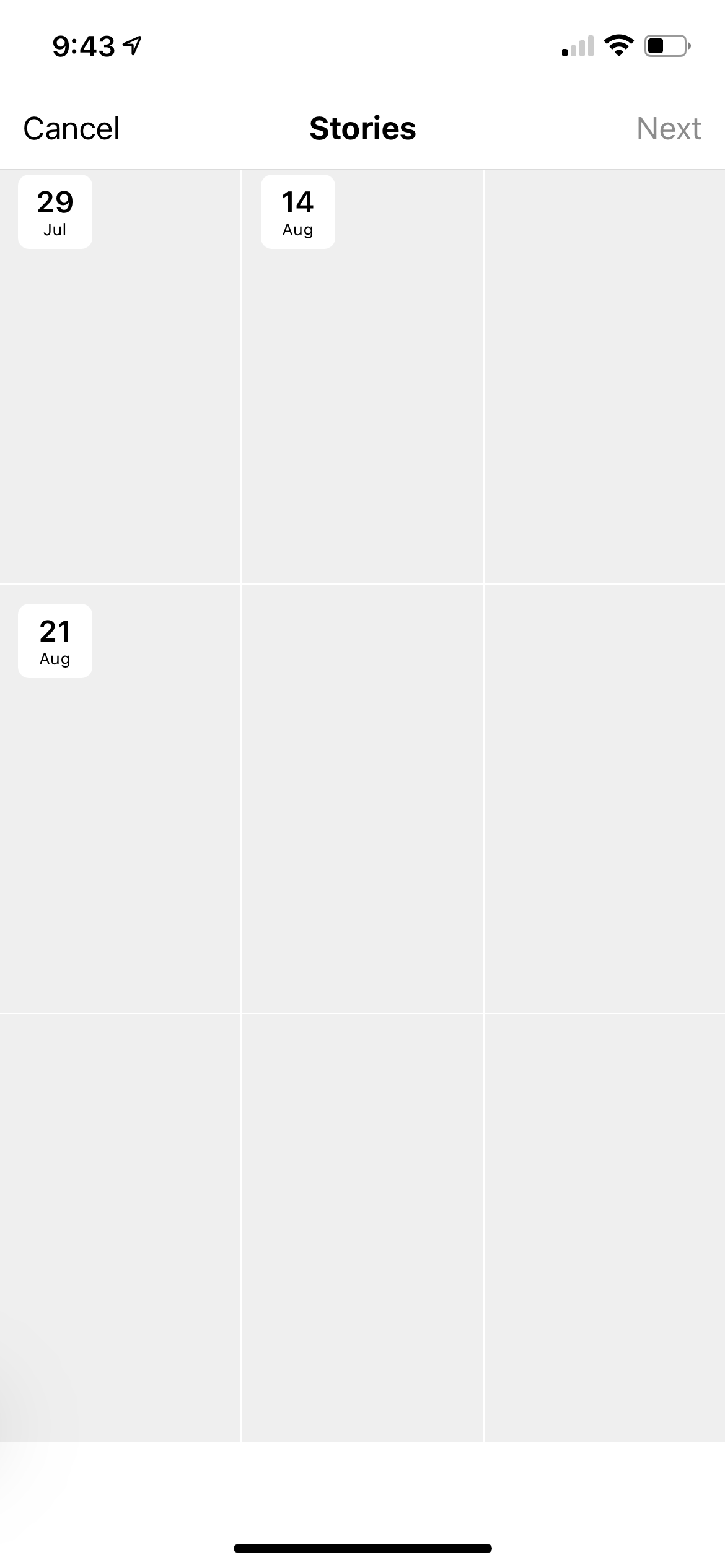 Uma captura de tela de um arquivo de histórias do Instagram.  As imagens foram desativadas para privacidade.