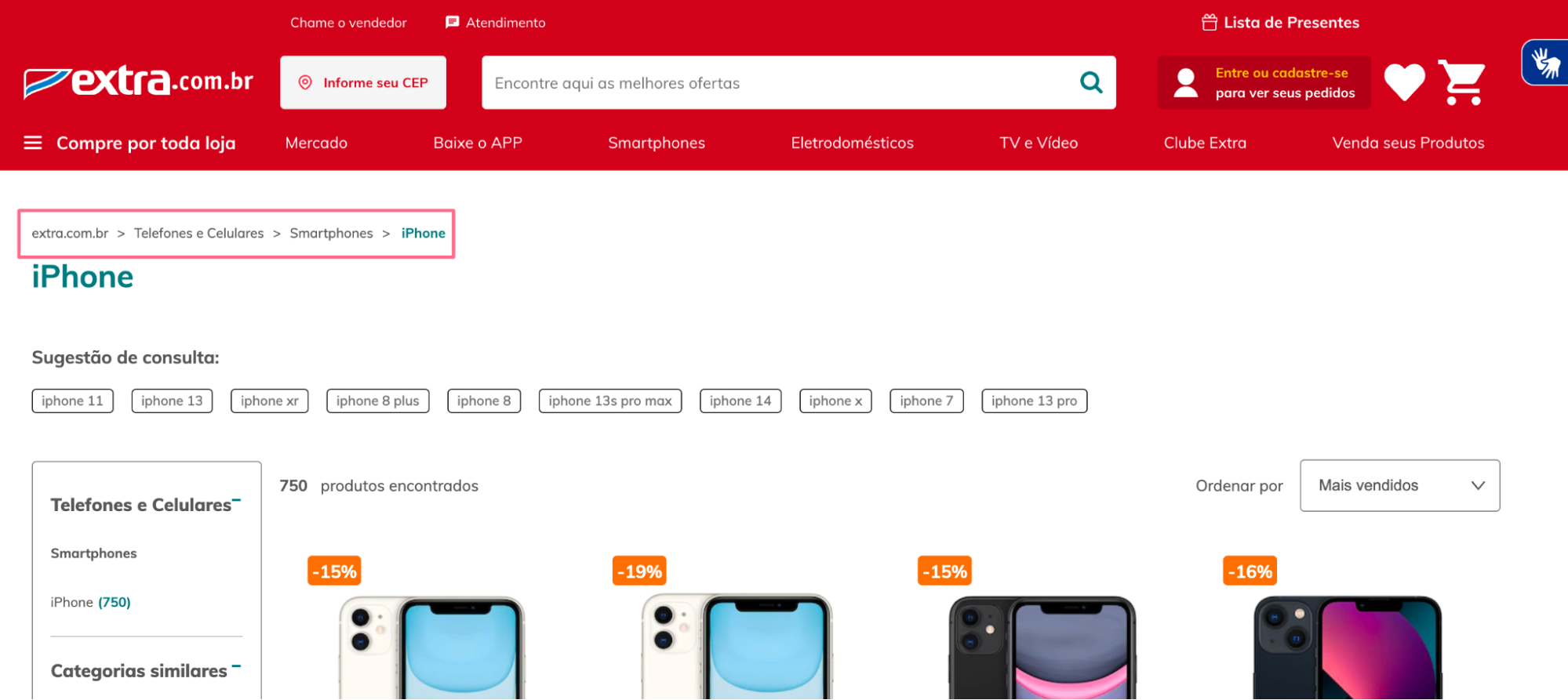 exemplo de breadcrumbs site extra