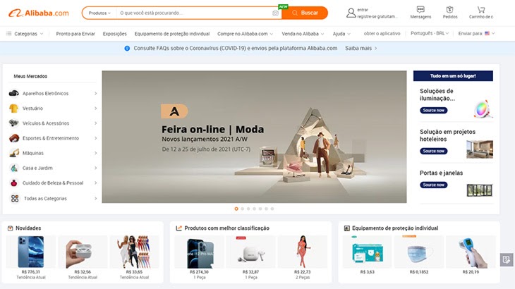página inicial do alibaba