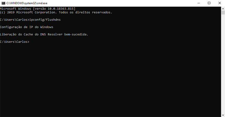 processo de flush dns no prompt de comando do windows