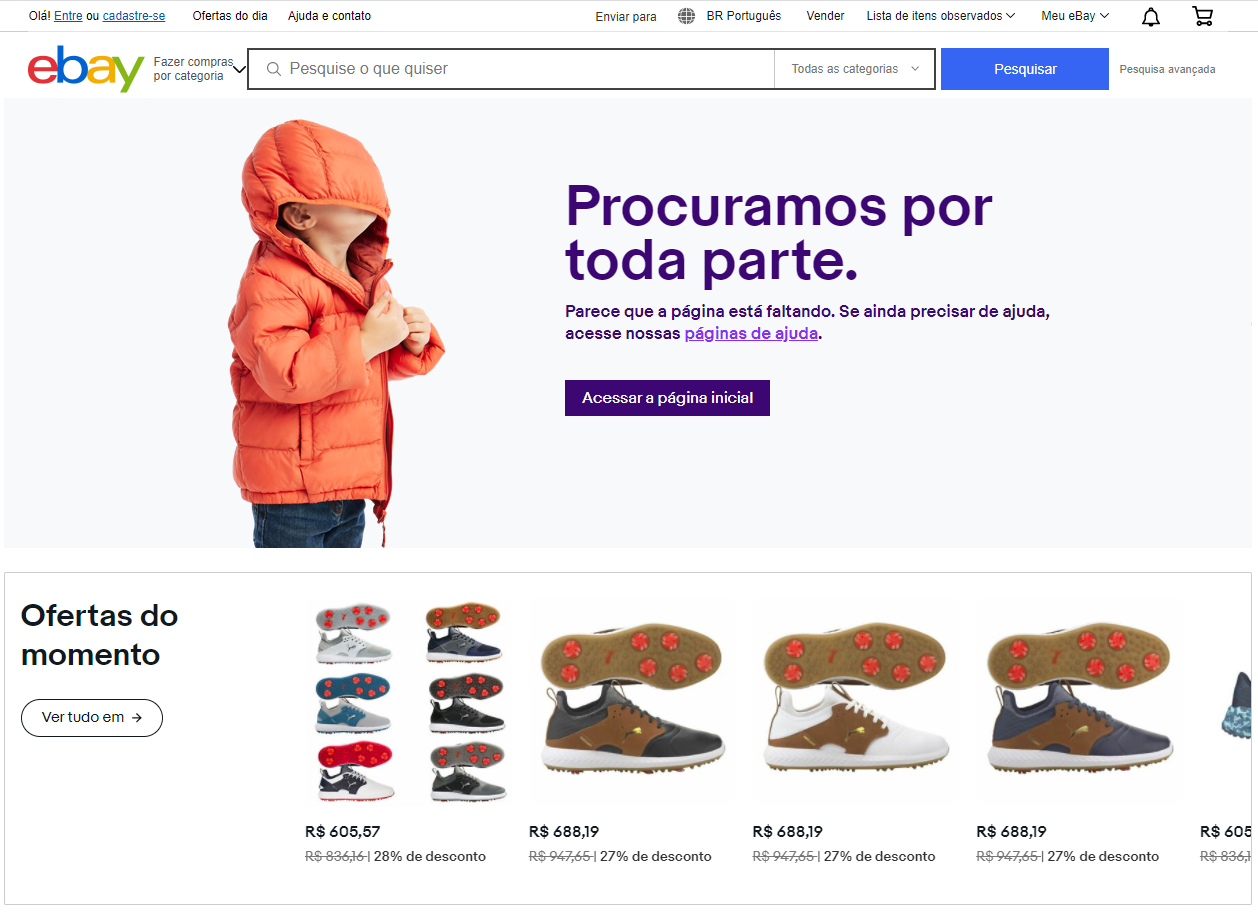 Página de Erro 404 no site da loja Ebay