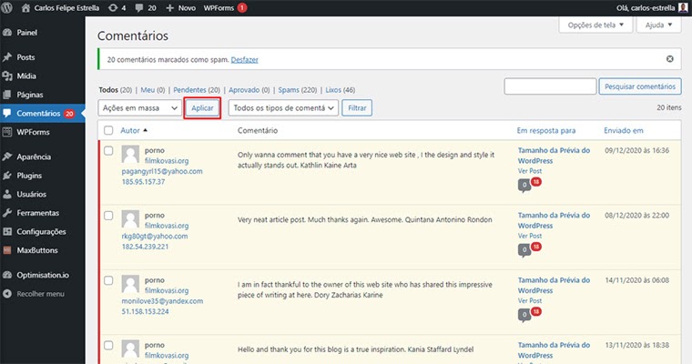 desabilitar comentários wordpress em massa usando o botão aplicar