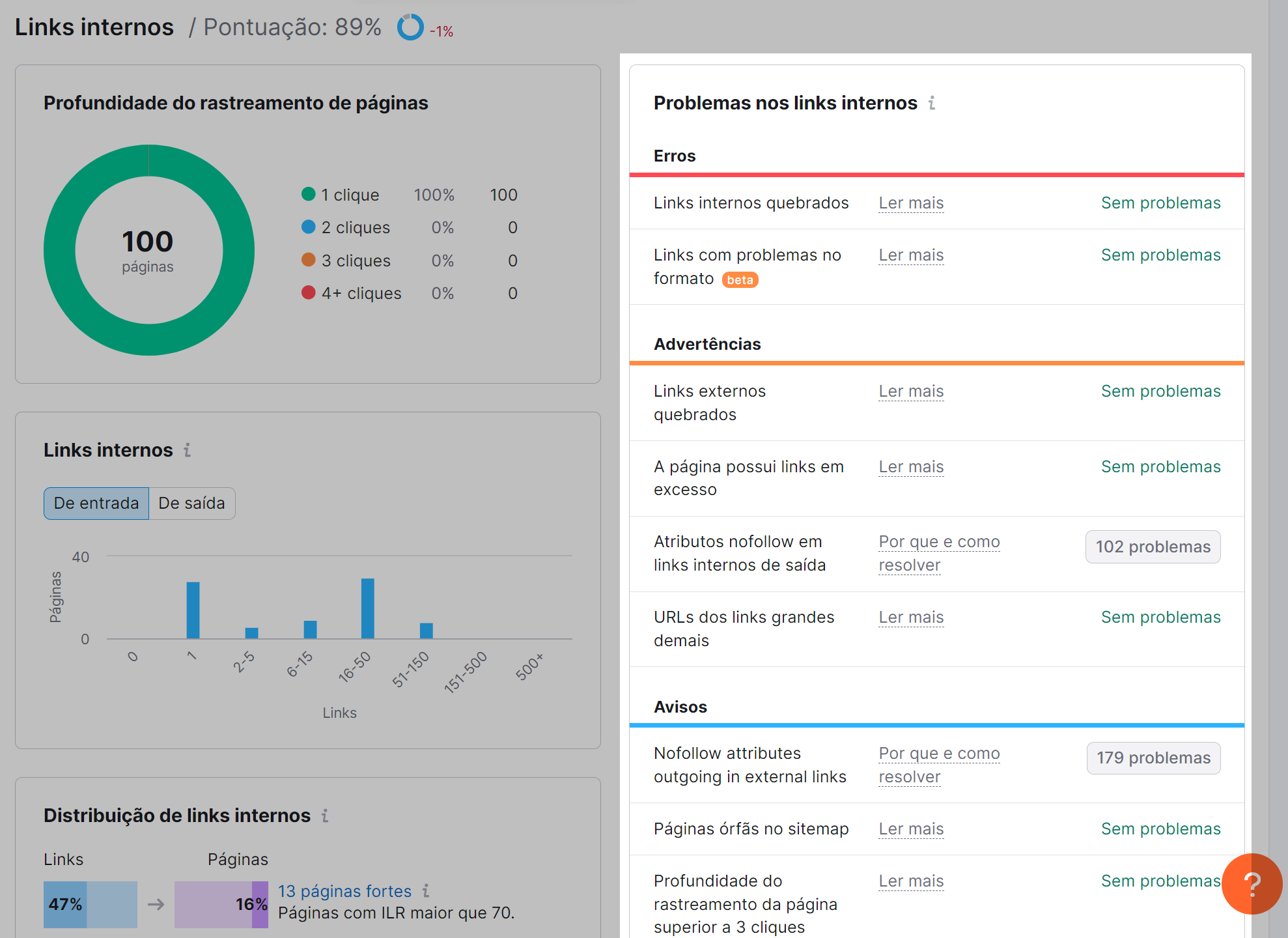 detalhes do relatório de links internos