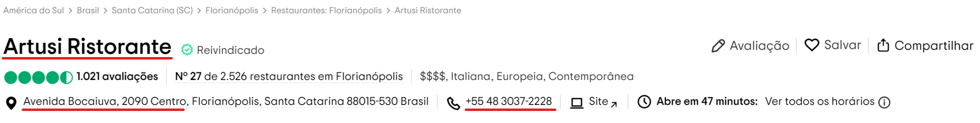 nome, endereço e número de telefone no tripadvisor