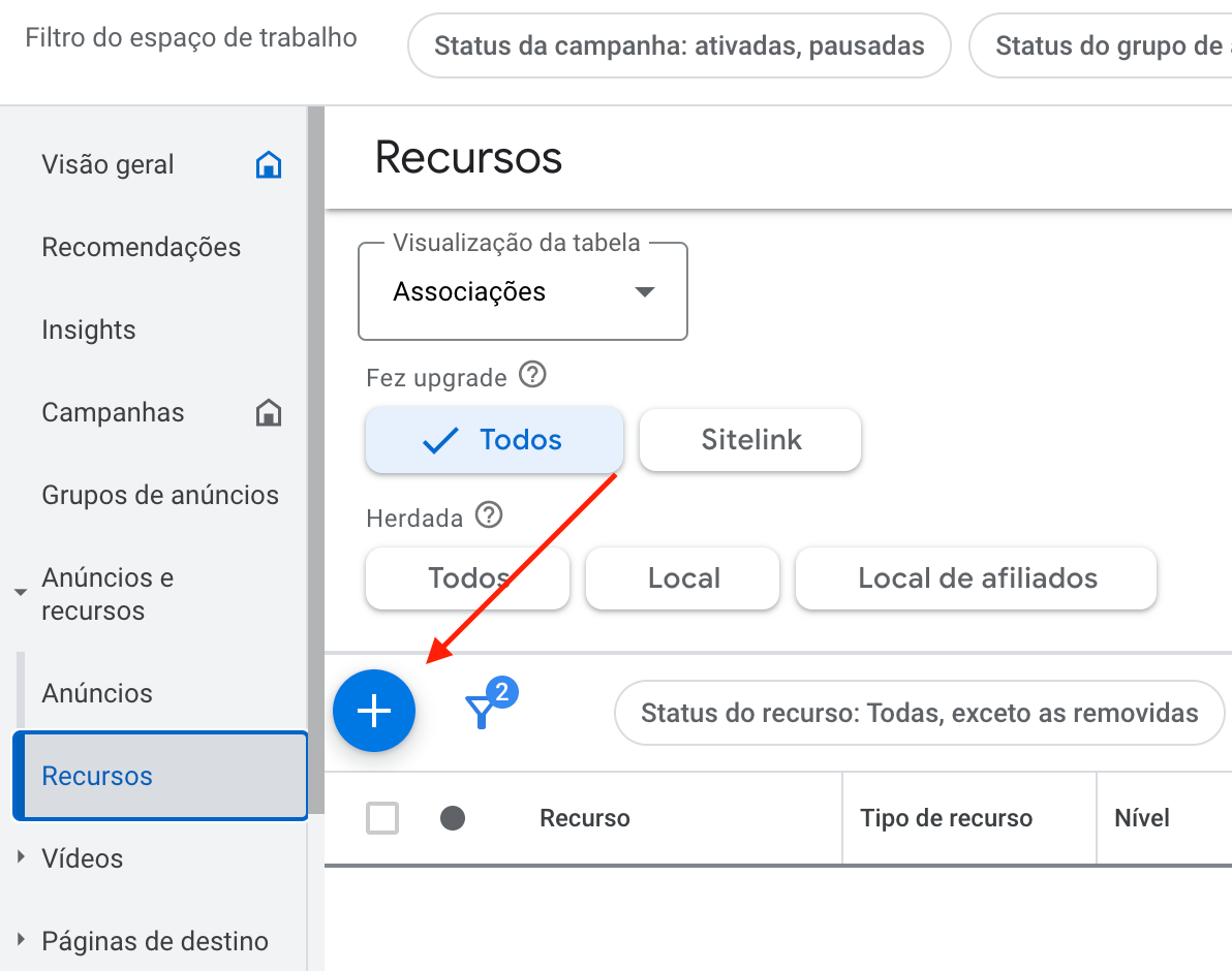 clique no ícone + azul no google ads