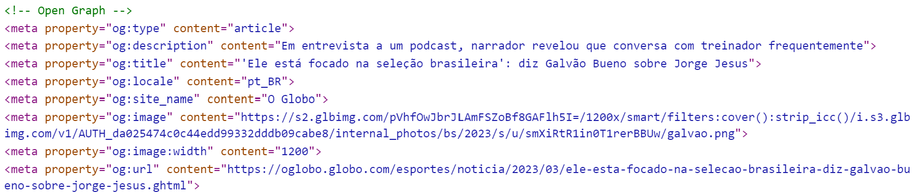 open graph no código fonte da página