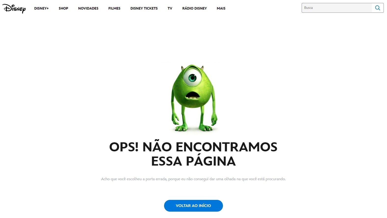 Página de Erro 404 no site da Disney