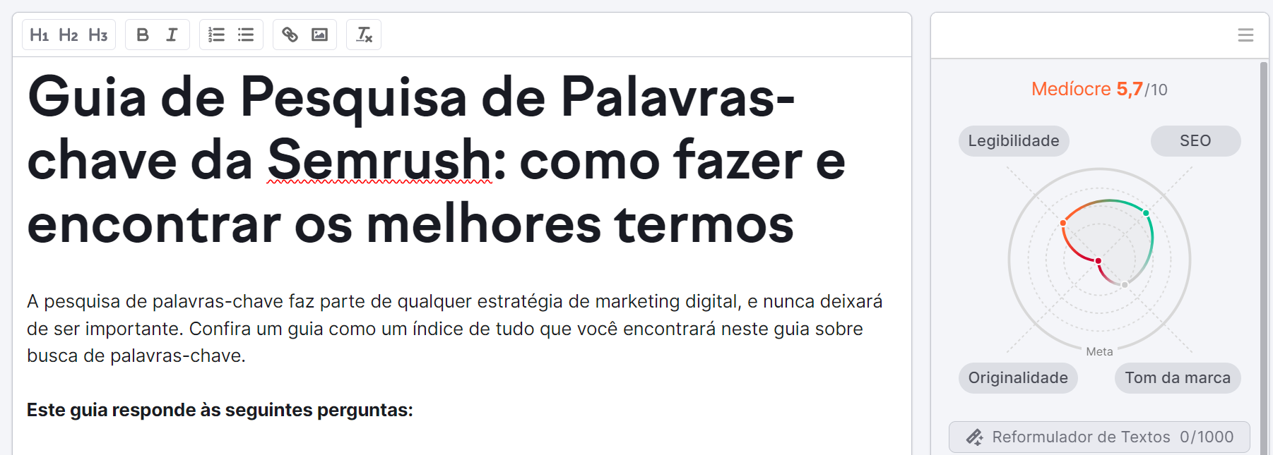 tela do seo writing assistant com gráfico e pontuação