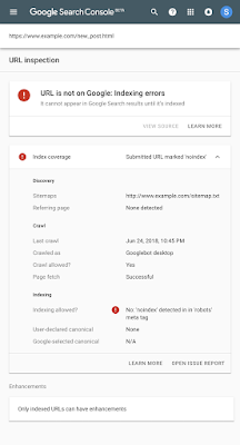 print do Google Search Console em URL com a tag "noindex"