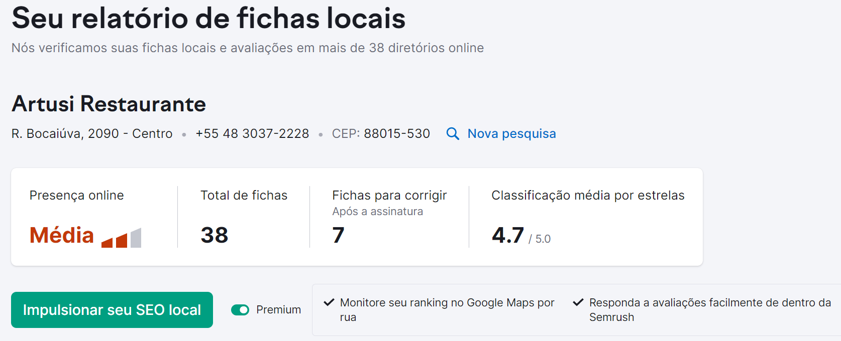relatórios de fichas locais na ferramenta listing management