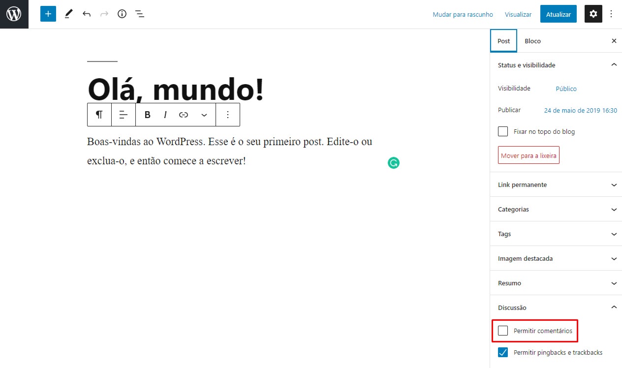 Como desabilitar comentários no Wordpress de 7 jeitos diferentes 11 botão de desabilitar comentários no wordpress para apenas um post