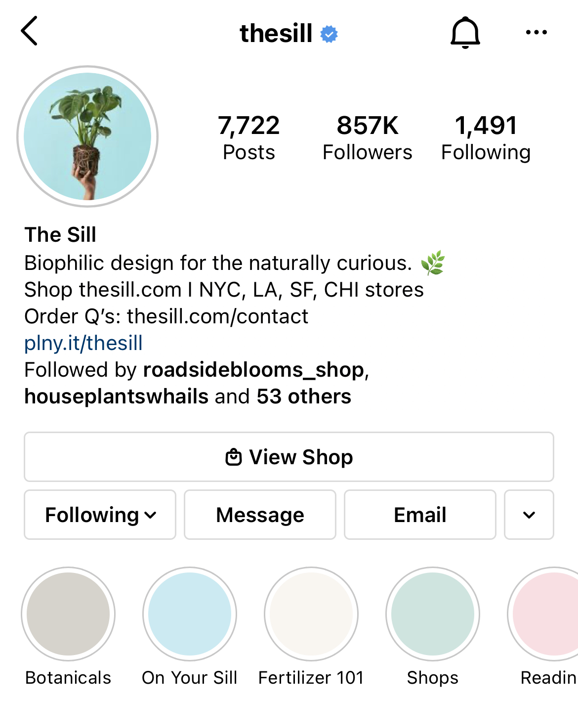 Como usar efetivamente os destaques das histórias do Instagram 11 Uma captura de tela das capas dos destaques da história do The Sill no Instagram.