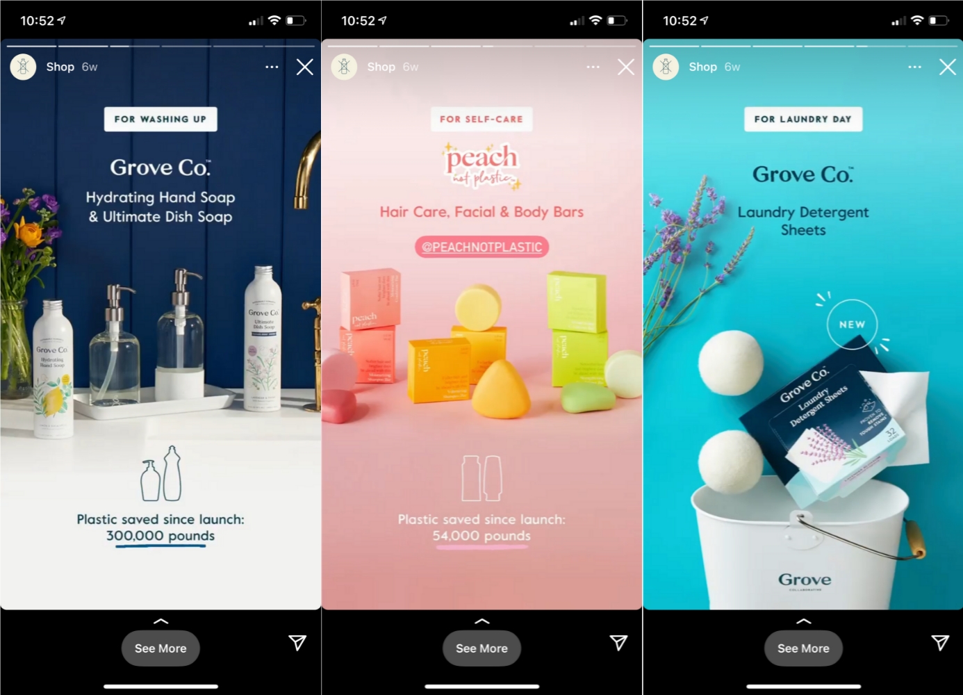 Como usar efetivamente os destaques das histórias do Instagram 5 Grove Collaborative apresentando diferentes produtos em um destaque de história do Instagram.