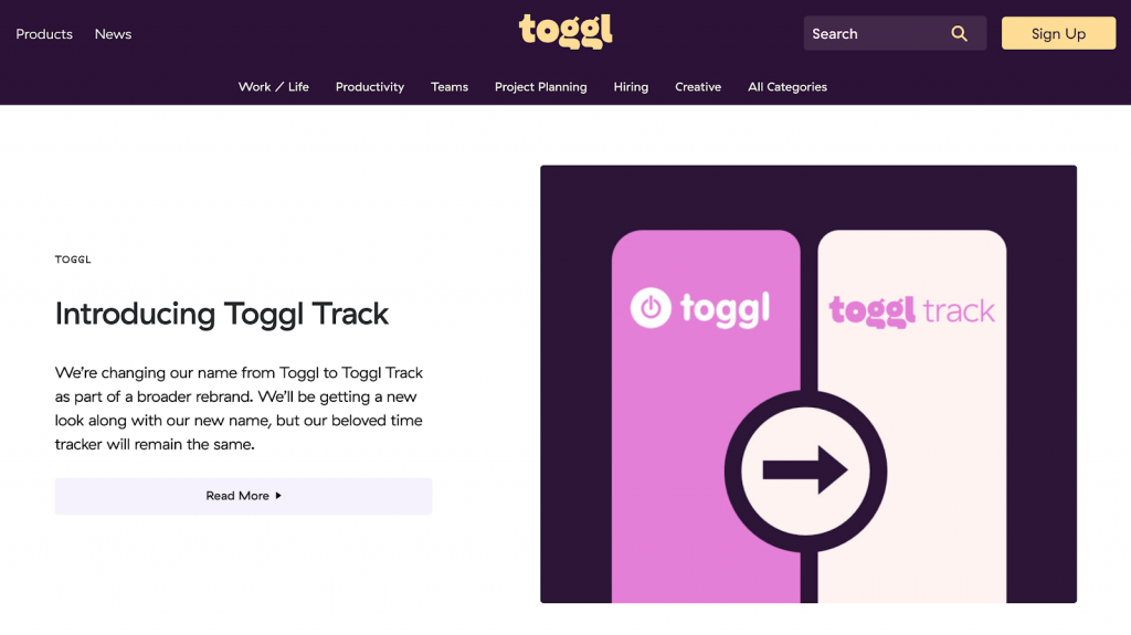 página inicial do blog da Toggl