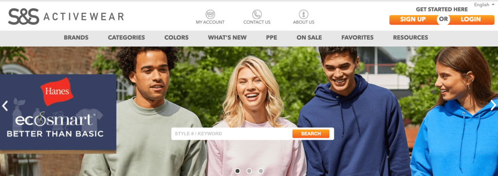 página inicial S&S Activewear, que vende alguns dos produtos mais vendidos da internet
