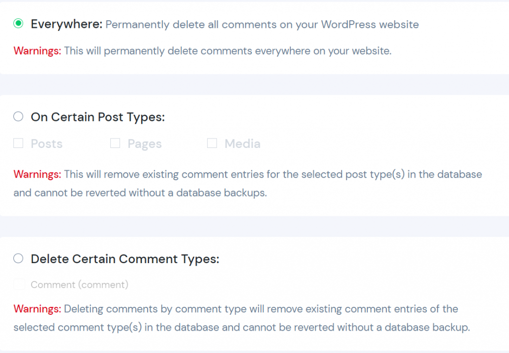 opção everywhere para desabilitar comentários do wordpress usando o disable comments