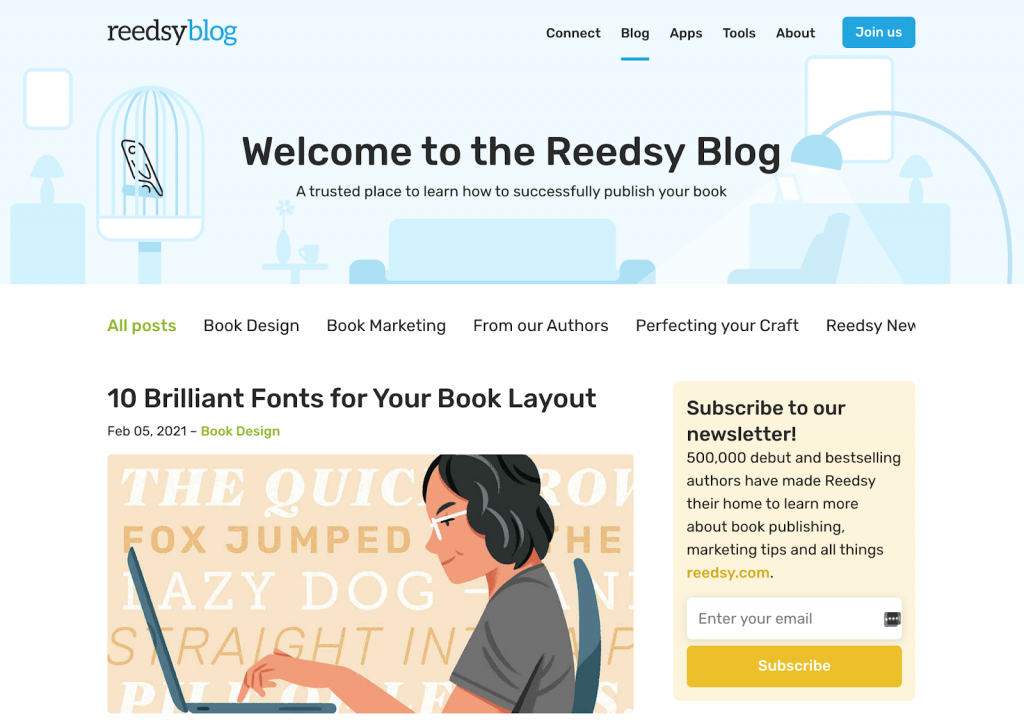 exemplo de o que é um blog, a página inicial da reedsy