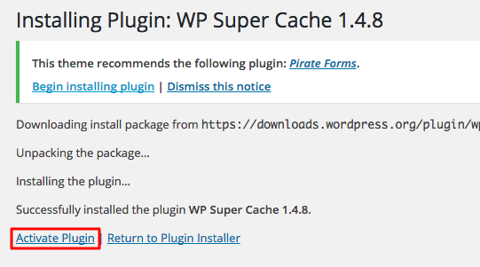 wordpress wp super cache activate