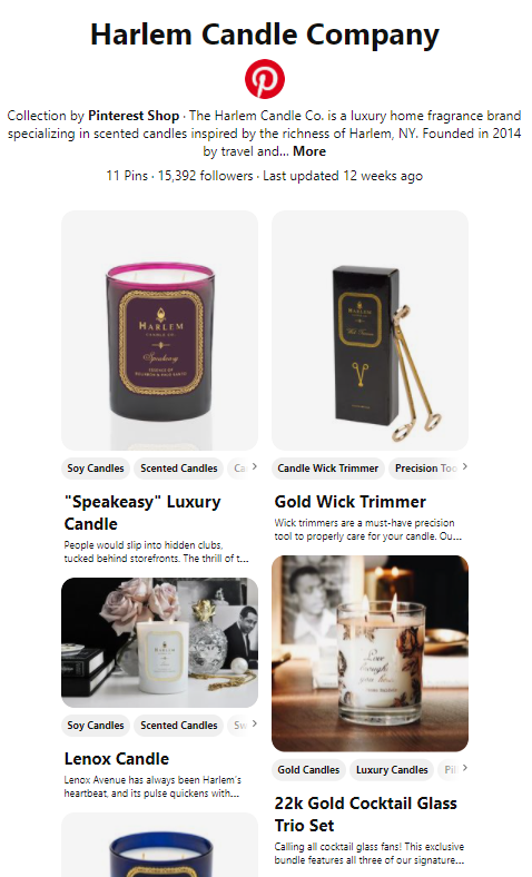 Captura de tela de uma coleção de produtos da Harlem Candle Company no Pinterest 