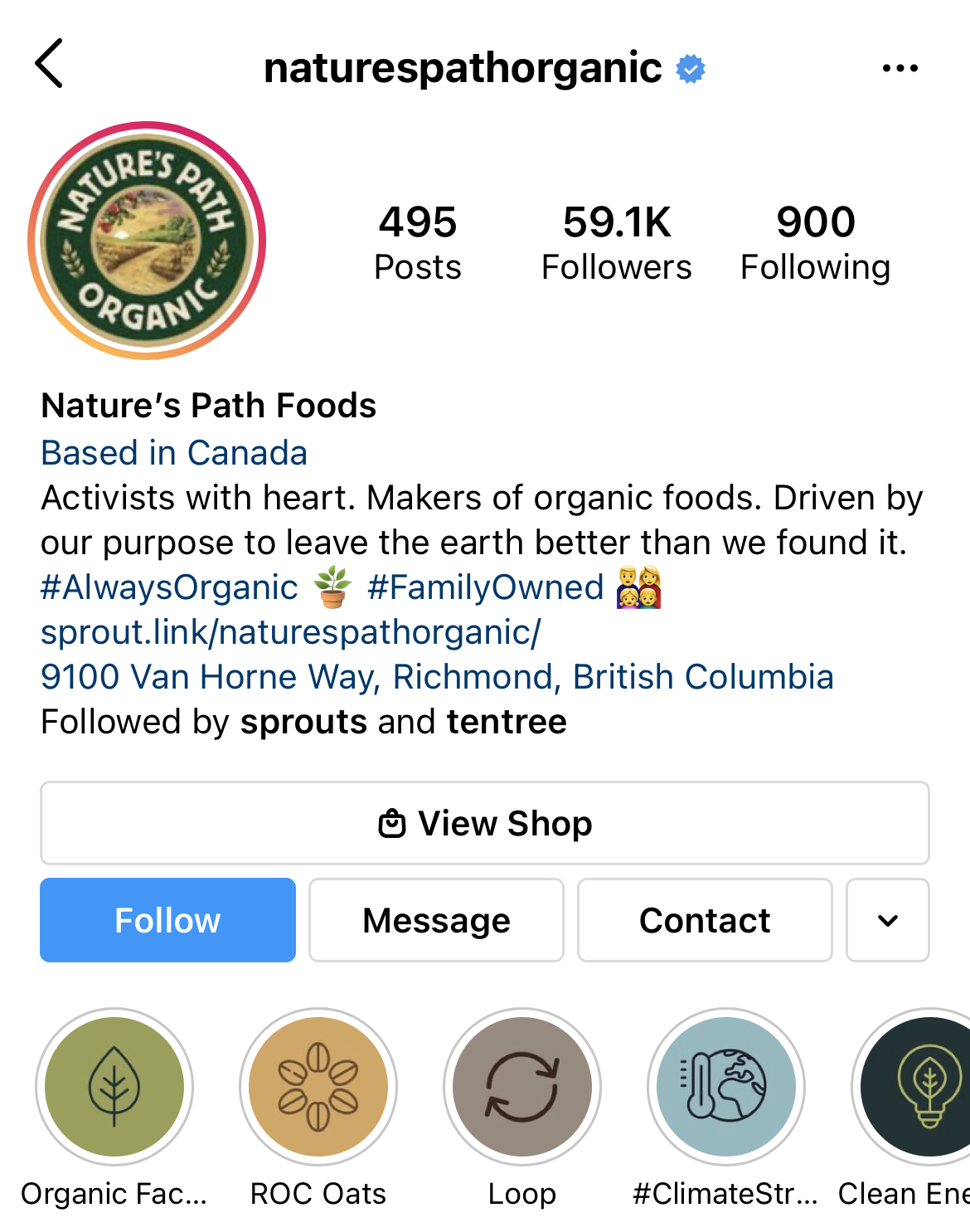 Uma captura de tela das capas dos destaques da história do Instagram da Nature's Path.