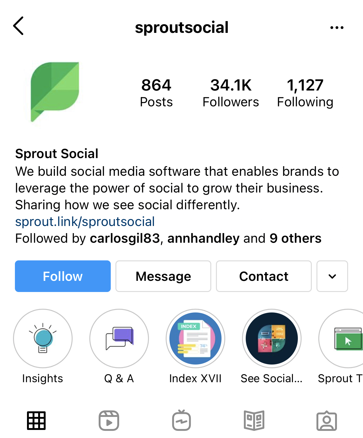Uma captura de tela dos Destaques das Histórias do Instagram no perfil do Instagram do Sprout Social.
