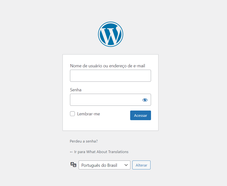 Página de login do WordPress 5.9 com selecionador de idioma