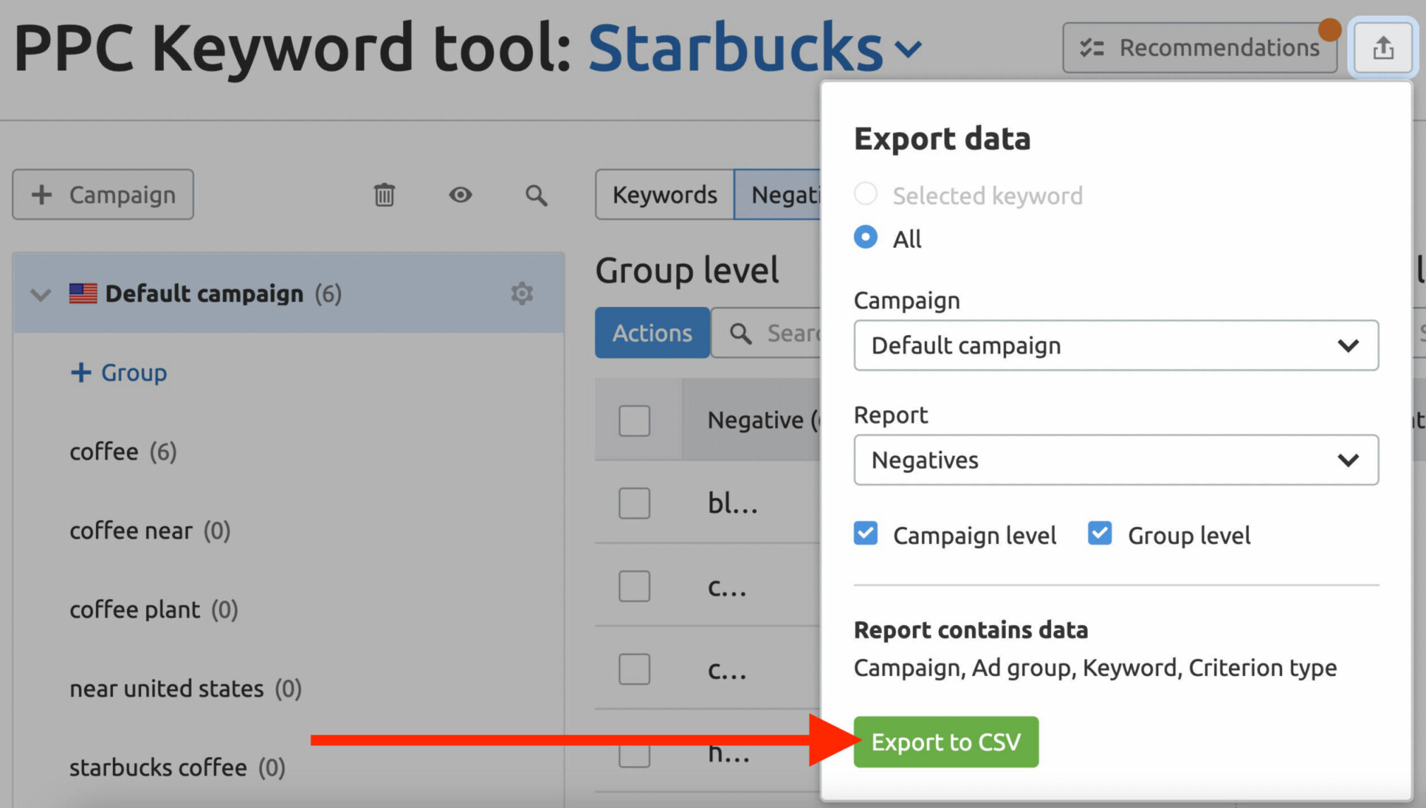 exportar dados na PPC Keyword Tool