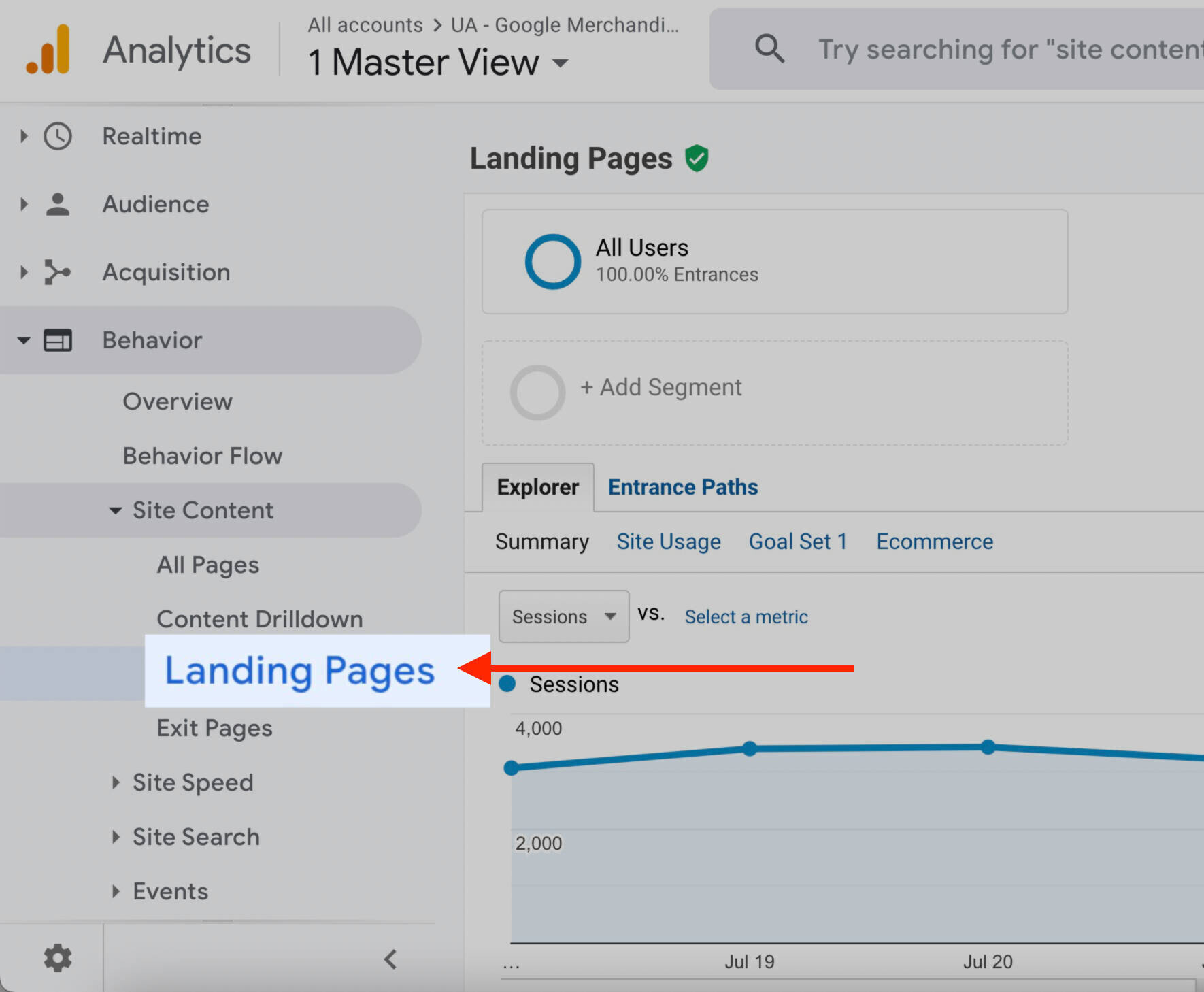 universal analytics opção landing pages