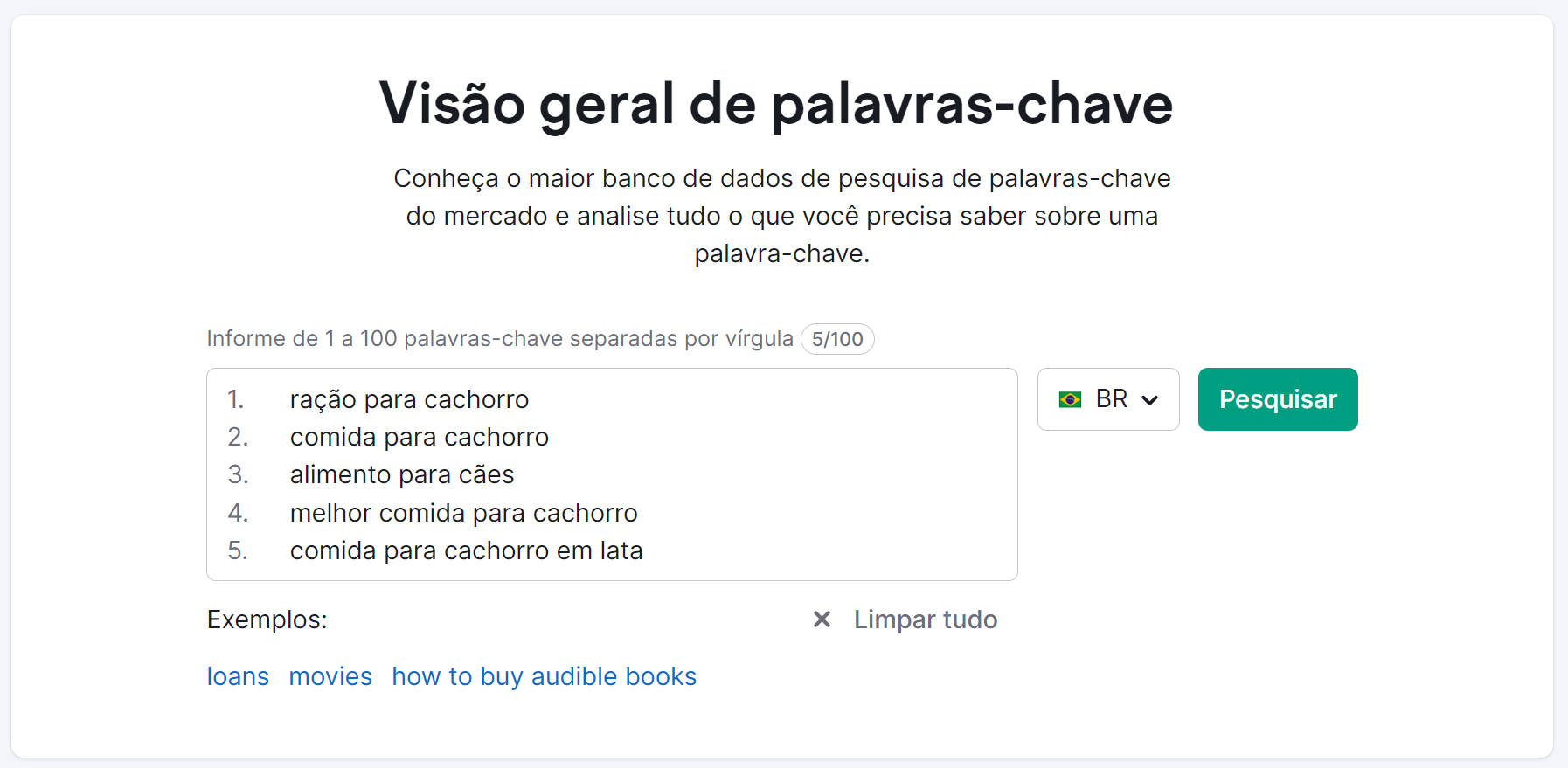 tela inicial da ferramenta visão geral de palavras-chave