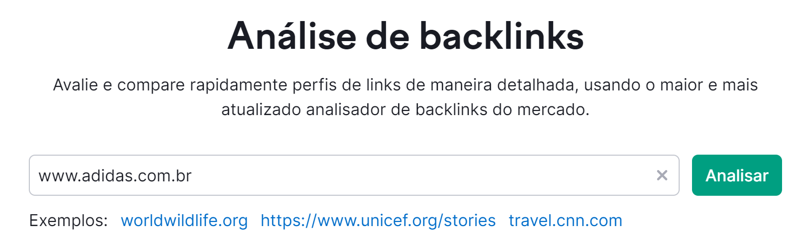 tela inicial da ferramenta análise de backlinks