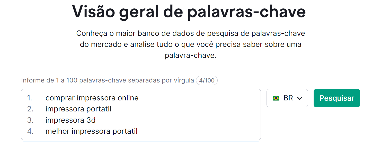 tela inicial ferramenta visão geral de palavras-chave