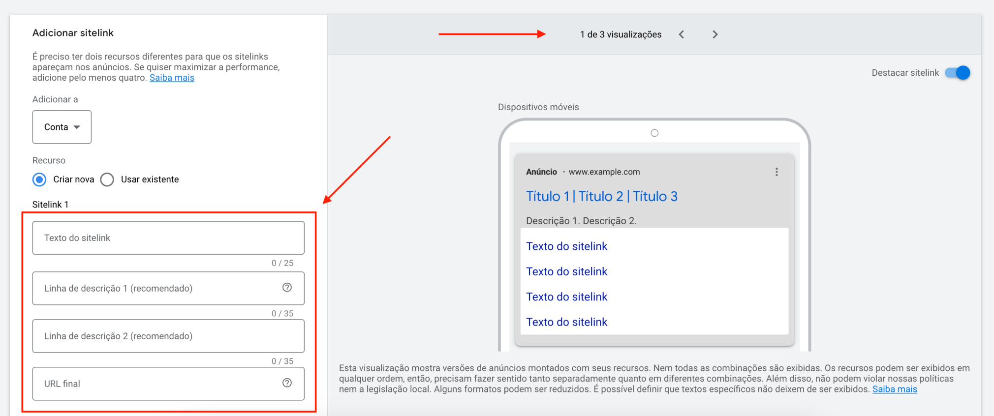 crie o sitelink preenchendo o formulário